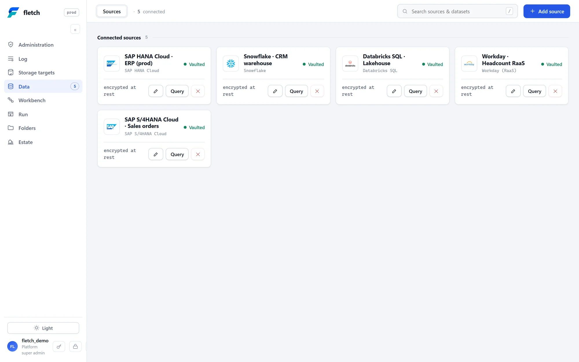 The Data area listing five connected sources with Vaulted status and Query buttons.