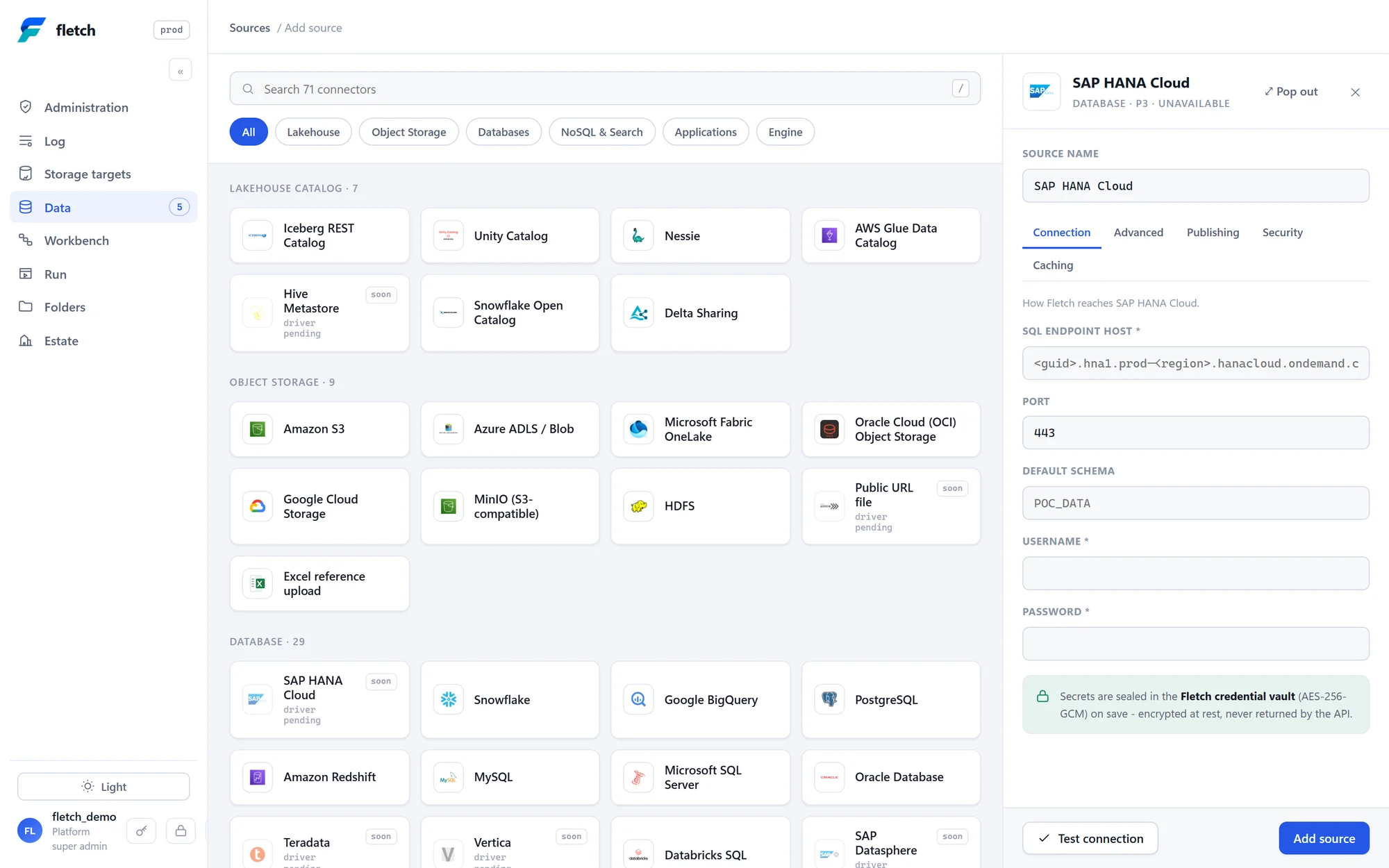 The Add source gallery listing connectors by family, with the SAP HANA Cloud connection form open on the right.
